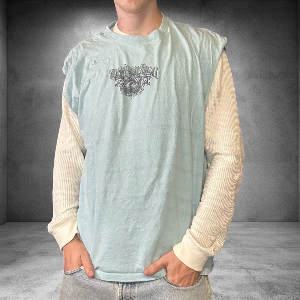 Vintage Y2K Quiksilver Distressed Sleeveless T-Shirt Blue Skater Grunge XL